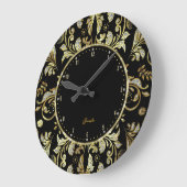エレガントな黒及び金ゴールドのグリッターの花のダマスク織2 ラージ壁時計 (傾斜)