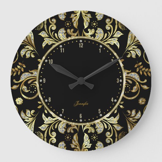 エレガントな黒及び金ゴールドのグリッターの花のダマスク織2 ラージ壁時計 (正面)