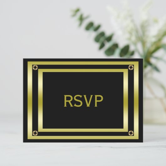 エレガントな黒及び金ゴールドの人のRSVP 出欠カード (スタンド正面)