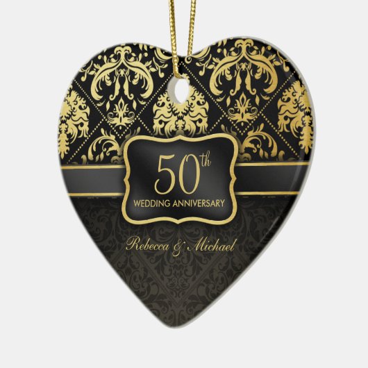 エレガントな黒及び金ゴールド第50の結婚記念日 セラミックオーナメント (左)