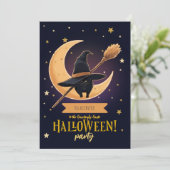 エレガントな黒猫と三日月のホウキのハロウィン 招待状 (スタンド正面)