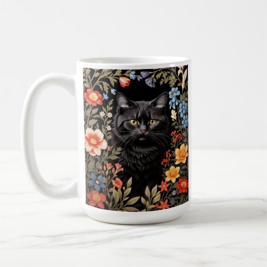 エレガントな黒猫のカラフルな花 コーヒーマグカップ (左)