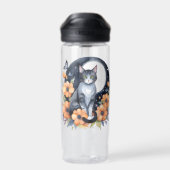 エレガントな黒猫の花と月のアート - 猫好きのためのコレクション ウォーターボトル (背面)