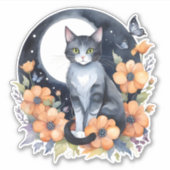 エレガントな黒猫の花と月のアート - 猫好きのためのコレクション シール (正面)