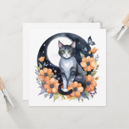 エレガントな黒猫の花月アート 猫好き 招待状