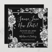 エレガントな黒白の花と同じ愛の新しい日付 招待状 (正面/裏面)