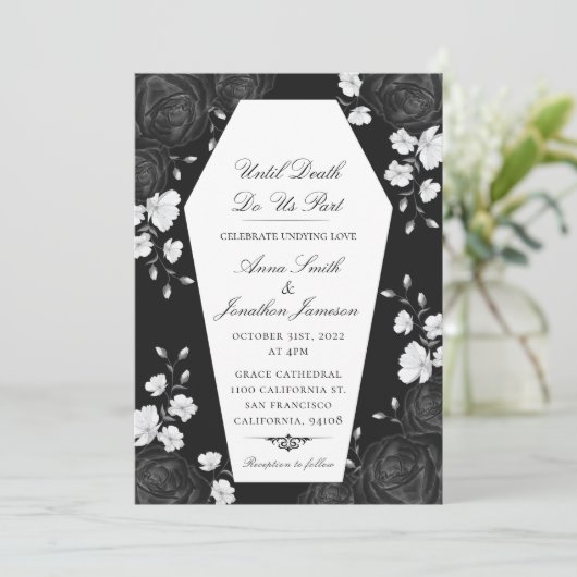 エレガントな黒薔薇の付いたゴシック棺の招待状 招待状 (スタンド正面)