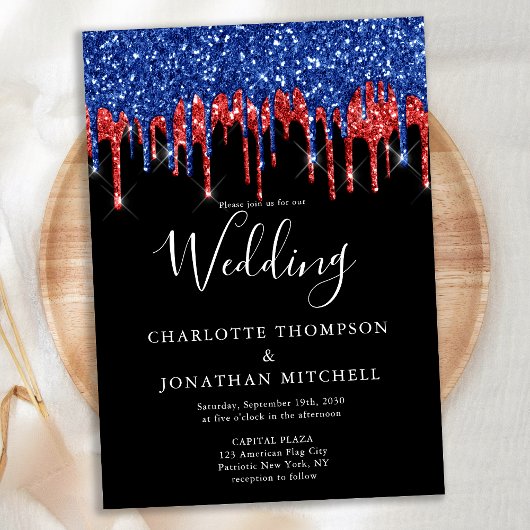 エレガントな黒赤青グリッター ドリップス ウェディング 招待状