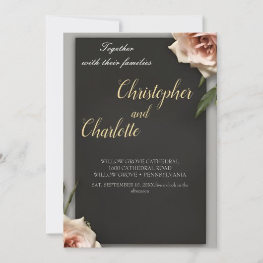 エレガントな黒 バーガンディ 赤とピンクの花の結婚式 招待状 (正面)