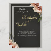 エレガントな黒 バーガンディ 赤とピンクの花の結婚式 招待状 (正面/裏面)