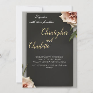 エレガントな黒 バーガンディ 赤とピンクの花の結婚式 招待状