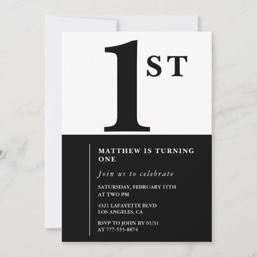 エレガントな1歳の誕生日招待状 ブラック chic モダン 招待状 (正面)