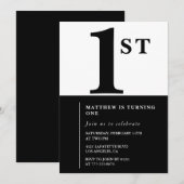 エレガントな1歳の誕生日招待状 ブラック chic モダン 招待状 (正面/裏面)