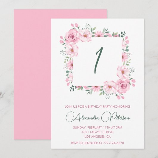 エレガントな1歳の誕生日招待状 花 ピンク 招待状 (正面/裏面)