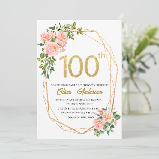 エレガントな100歳の誕生日お祝い水彩画 招待状 (スタンド正面)