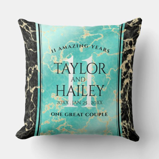 エレガントな11周年ターコイズ ウェディング アニバーサリー クッション (正面)