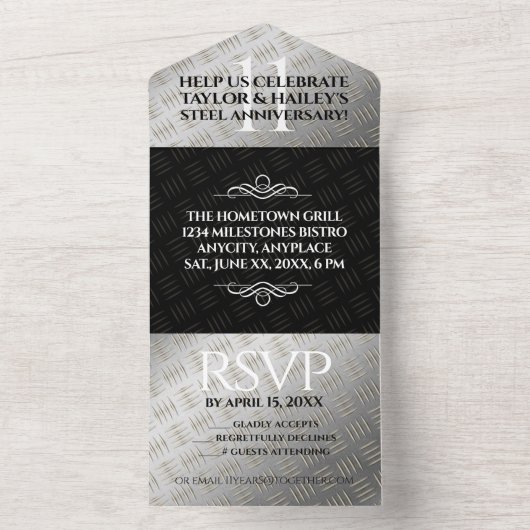 エレガントな11周年 スチール ウェディング アニバーサリー セレブレーション オールインワン招待状 (内側)