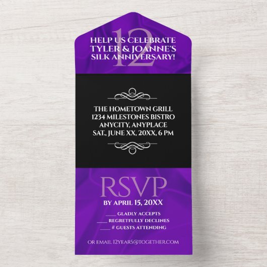 エレガントな12周年 シルク結婚記念日 お祝い オールインワン招待状 (内側)