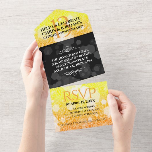 エレガントな13周年シトリン結婚記念日 オールインワン招待状 (貼ってはがせる)