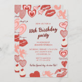 エレガントな13歳の誕生日招待状 グレー レッド ハート 招待状 (正面/裏面)