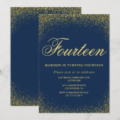 エレガントな14歳の誕生日招待状　ゴールド ネイビー グラム 招待状 (正面/裏面)
