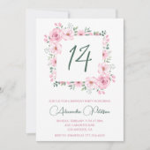 エレガントな14歳の誕生日招待状 花 ピンク 招待状 (正面)