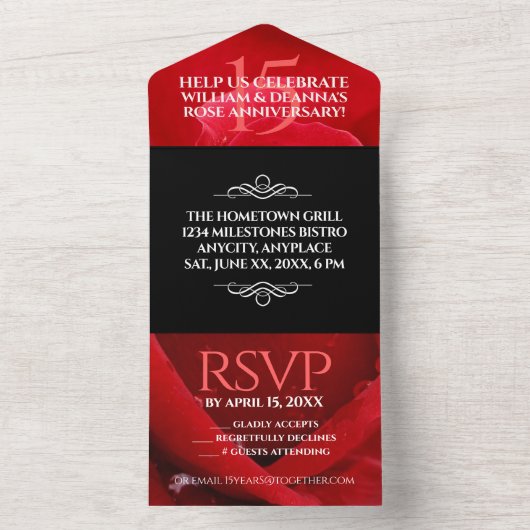 エレガントな15年目のローズウェディングアニバーサリーセレブレーション オールインワン招待状 (内側)