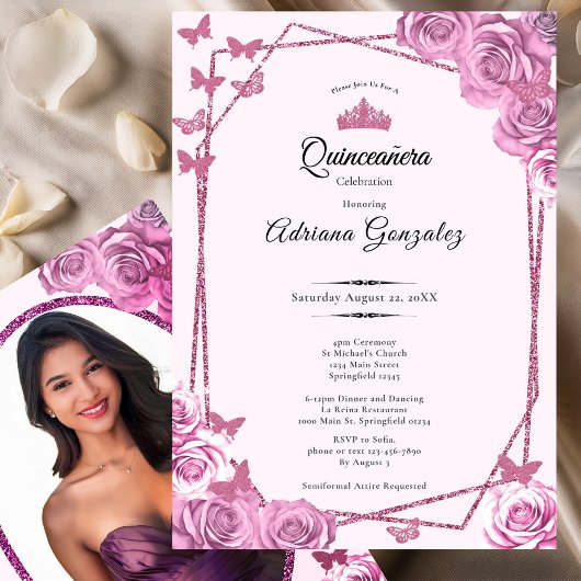 エレガントな15歳の誕生日ピンクのQuinceanera 招待状
