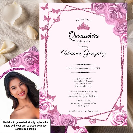 エレガントな15歳の誕生日ピンクのQuinceanera 招待状