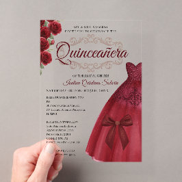 エレガントな15歳の誕生日 赤ワインレッドのQuinceanera アクリル招待状