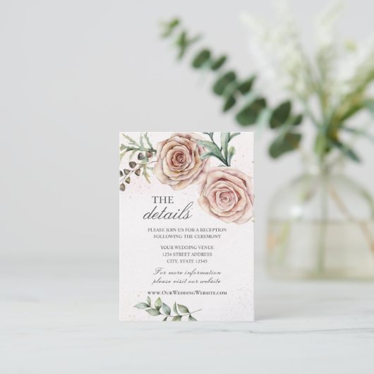 エレガントな2つのピンクのバラのウェディング詳細 エンクロージャーカード (スタンド正面)