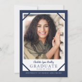 エレガントな2枚の写真が入ったネイビーブルーの卒業発表カード 招待状 (正面)