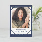 エレガントな2枚の写真が入ったネイビーブルーの卒業発表カード 招待状 (スタンド正面)