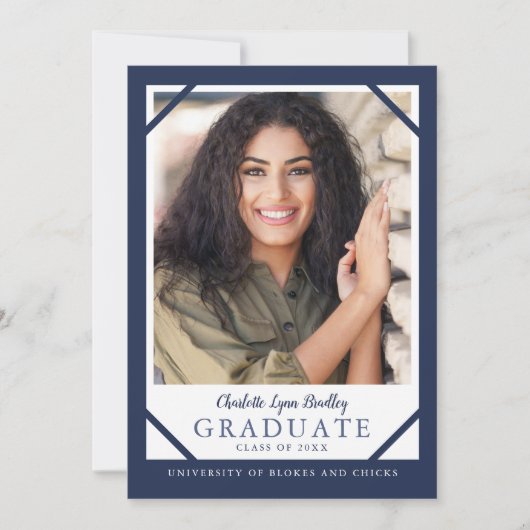 エレガントな2枚の写真が入るネイビーブルーの卒業発表カード 招待状 (正面)