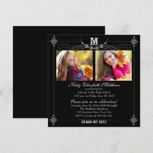 エレガントな2枚の写真のモノグラム 卒業式 招待状 (正面/裏面)
