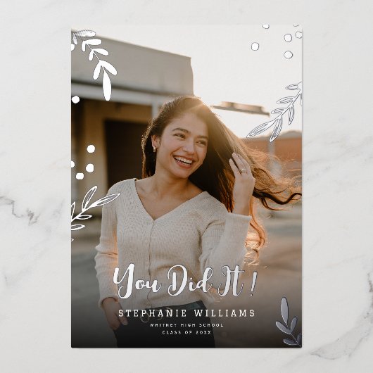 エレガントな2枚の写真を使った卒業発表の本物の箔押しカード 箔招待状 (正面)