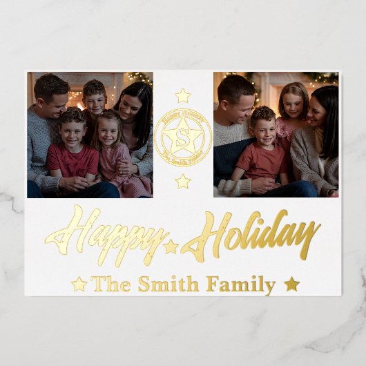 エレガントな2枚の写真 ファミリー ネーム フォイル ホリデー カード (正面)