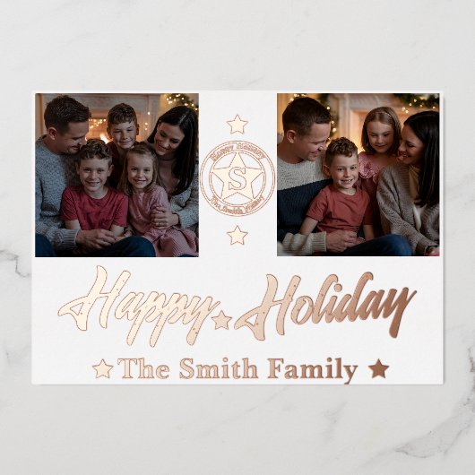 エレガントな2枚の写真 ファミリー ネーム ホリデー カード (正面)