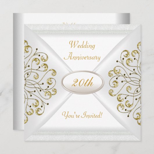 エレガントな20周年結婚記念日ホワイトゴールド 招待状 (正面/裏面)