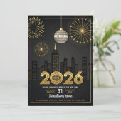 エレガントな2026年大晦日 - パーティーゴールドラメ 招待状 (スタンド正面)