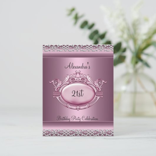 エレガントな21歳の誕生日パーティー サテン ピンク シルバートリム 招待状 (スタンド正面)