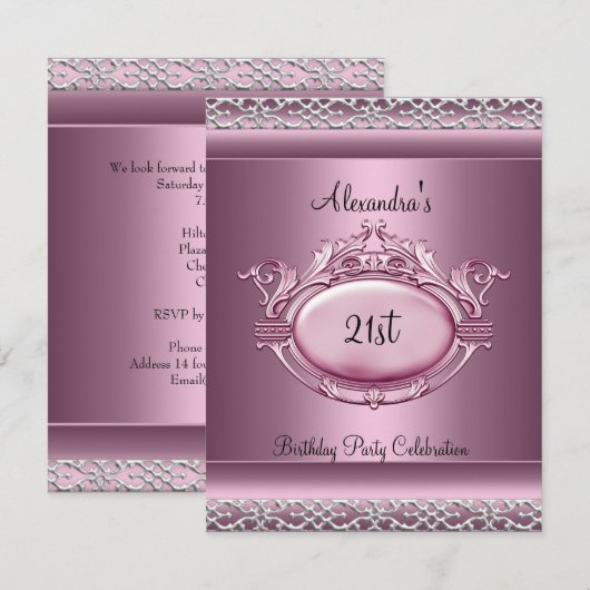 エレガントな21歳の誕生日パーティー サテン ピンク シルバー トリム 招待状 (正面/裏面)