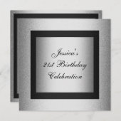 エレガントな21歳の誕生日 ブラック＆シルバーメタリック 招待状 (正面/裏面)