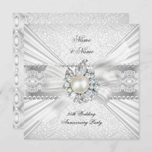 エレガントな25周年シルバーアニバーサリーパーティーレースパール 招待状 (正面/裏面)