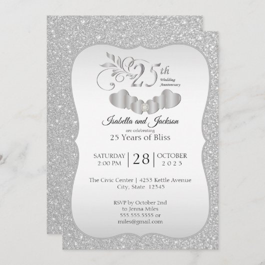 エレガントな25周年記念シルバーグリッターアニバーサリー 招待状 (正面/裏面)