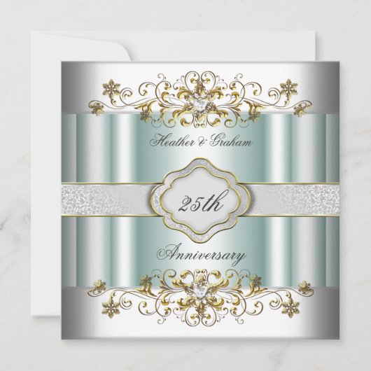 エレガントな25周年記念シルバー ティール ブルー ミント 招待状 (正面)