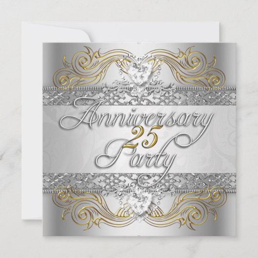 エレガントな25周年記念シルバー・ホワイトゴールドパーティ 招待状 (正面)