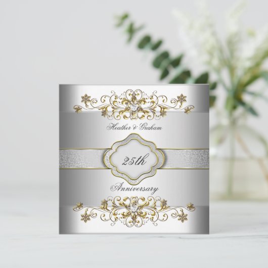 エレガントな25周年記念シルバー・ホワイト・ゴールド テンプレート (スタンド正面)