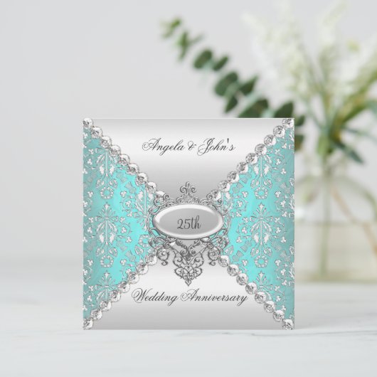エレガントな25周年記念ターコイズブルーとホワイト 招待状 (スタンド正面)