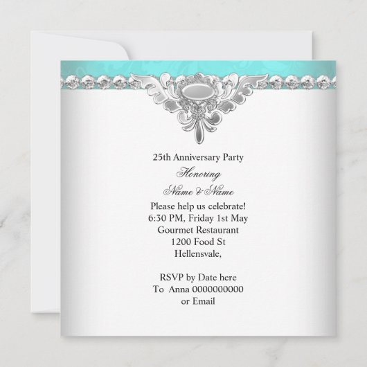 エレガントな25周年記念ターコイズブルーとホワイト 招待状 (裏面)